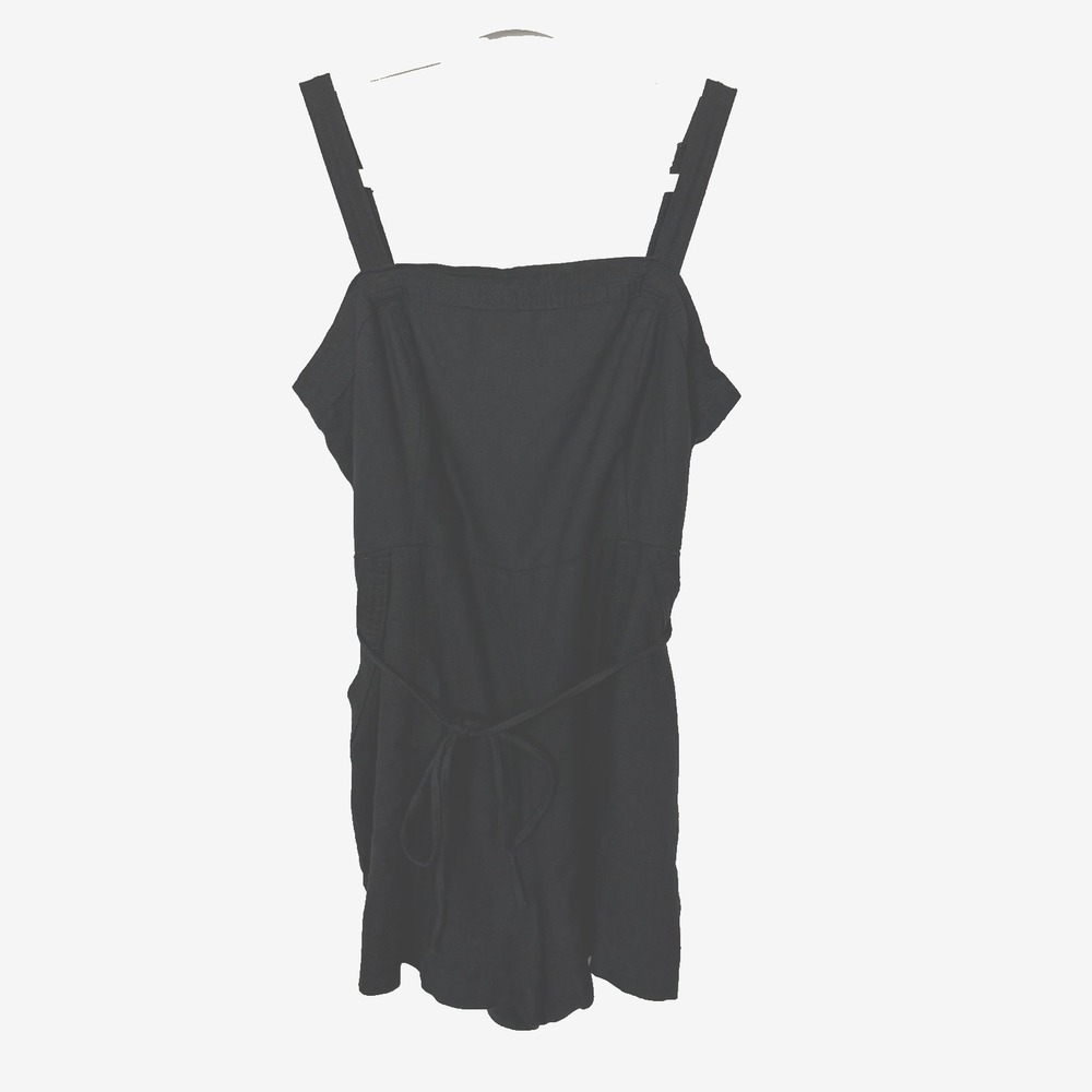 Old Navy Linen Blend Romper Shortall Size LP Black Smocked Cottage Tie Waist